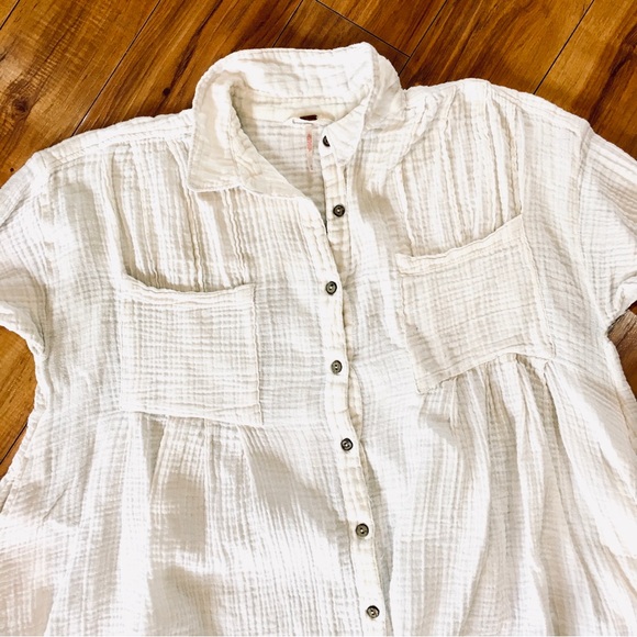Free People gauze waffle knit button  blouse top shirt ivory boho cottag… - Picture 1 of 8